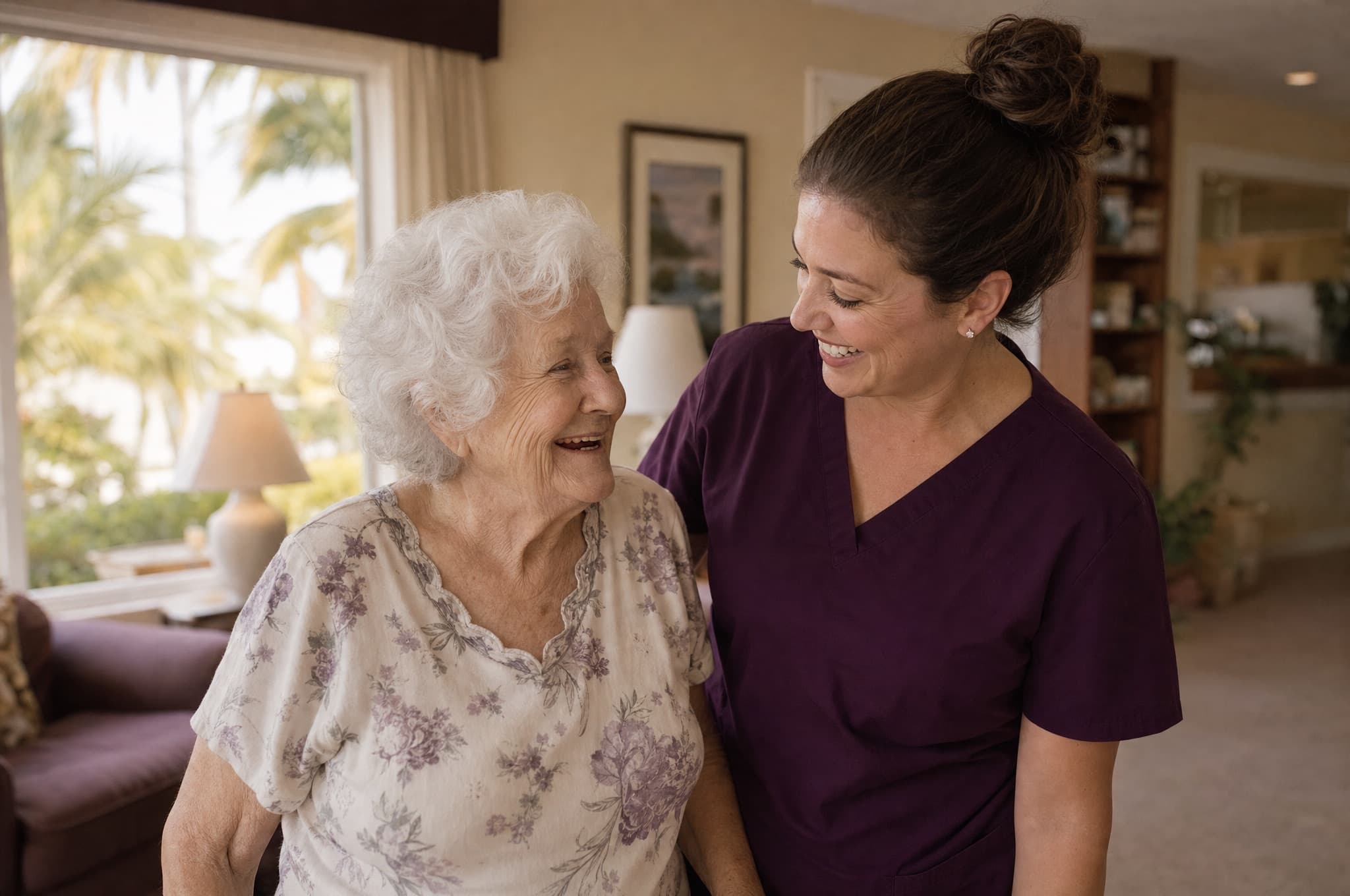 A Care Shift direct support professional laughing with a resident in a sunlit Florida group home